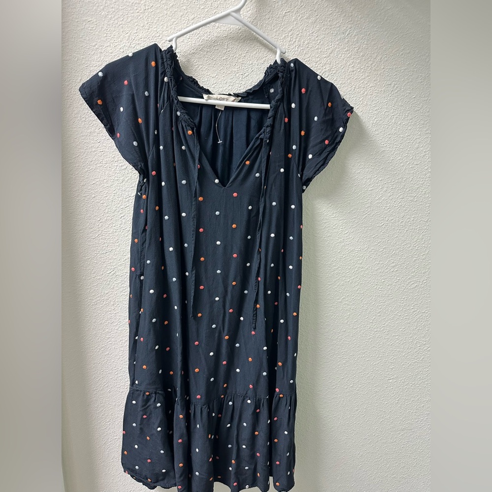 Loft Navy Blue Polkadot Short Sleeve Dress size XS